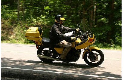 1985 Ford LTD Crown Victoria - A yellow motorcycle with a rider cruises down a tree-lined road.
