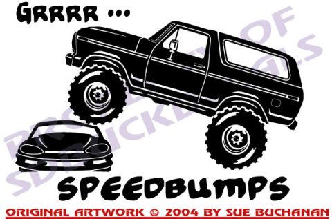 1979 Ford Bronco - This graphic depicts a 1979 Ford Bronco triumphantly driving over a smaller sports car.