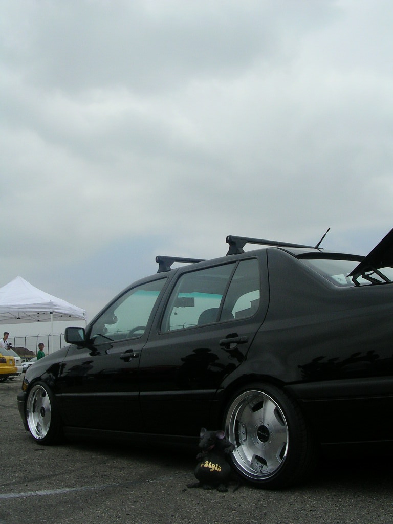 Black sedan with roof rack and custom wheels. A small black bag with "Style" written on it sits by the rear wheel