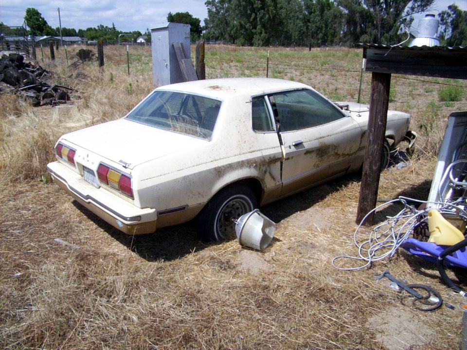 White coupe with brown stripe, rear quarter panel visible, flat tire, parked in dry grass