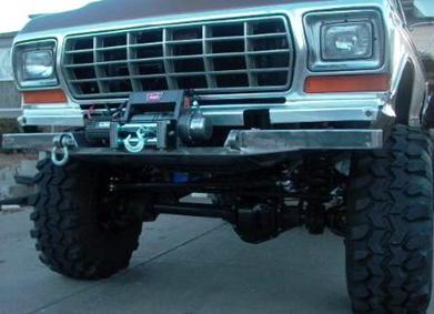 1979 Ford Bronco - Front view of a 1979 Ford Bronco equipped with a winch and off-road tires.