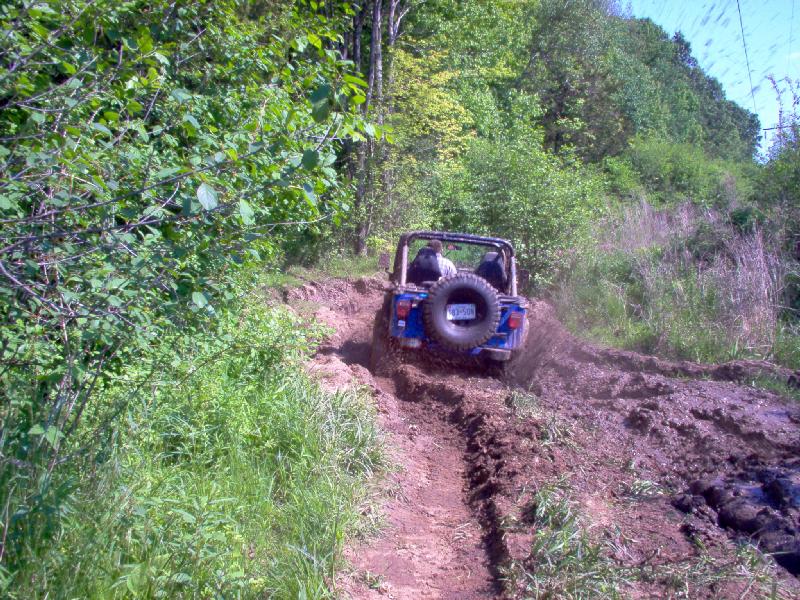 Blue Jeep Wrangler on muddy trail, rear view. SuperMotors.net logo visible