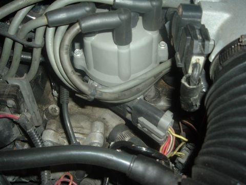 1993 Ford Taurus - Close-up view of an engine's distributor cap and spark plug wires.