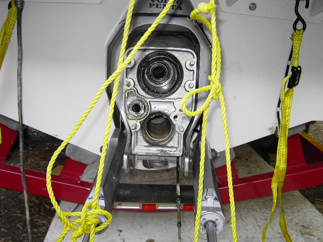 Volvo Penta transom assembly with outdrive removed, showing gimbal bearing, on white boat on red trailer