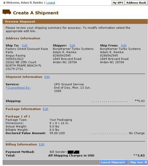 1985 Ford LTD Crown Victoria - Screenshot of a UPS shipment creation web page with address and package information, not a technical document.
