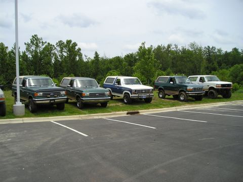 1996 Ford Bronco - A lineup of Ford Broncos, likely from the early to mid-1990s, are parked in a lot with trees in the background.