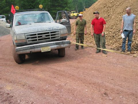 1995 Ford Bronco - A group of men stand near a dusty Ford Bronco at a construction site with heavy equipment in the background.