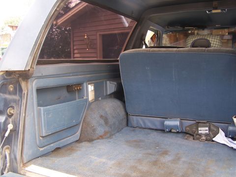 1986 Ford Bronco - The interior cargo area of a blue SUV, showing the rear seats and carpeted floor.