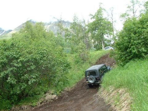2000 Jeep TJ - Jeep TJ navigates a steep, muddy trail with lush green foliage and mountains in the distance.