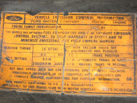 1972 Ford Mustang - This vehicle emission control sticker indicates it is a 1972 model year vehicle.