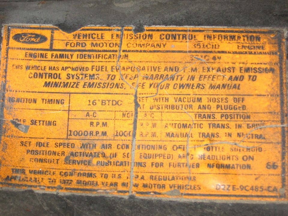 Ford 1972 351CID vehicle emission control information decal with timing and idle settings
