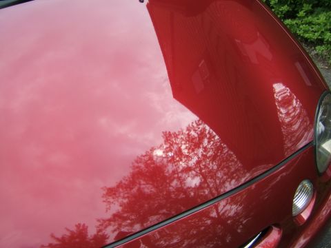 1998 Ford Taurus - Reflection on a red car's hood shows trees and a building.