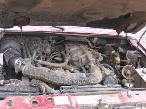 1991 Ford Explorer - The engine bay of a red 1991 Ford Explorer shows an aftermarket air intake and significant dust accumulation.