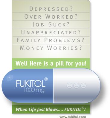 2002 Ford Taurus - A joke pharmaceutical advertisement graphic for a fictional blue-and-white capsule labeled "FUKITOL 1000 mg," listing complaints such as "D…