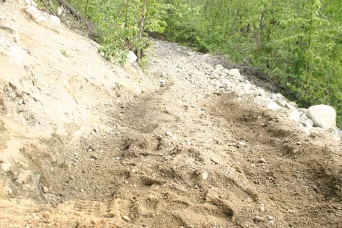 2003 Jeep TJ - A dirt path with visible tire tracks winds up a rocky hillside under a canopy of green trees.