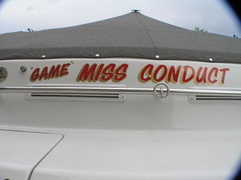 1997 Crownline 266 CCR - The stern of a white boat displays custom lettering and a metal railing.