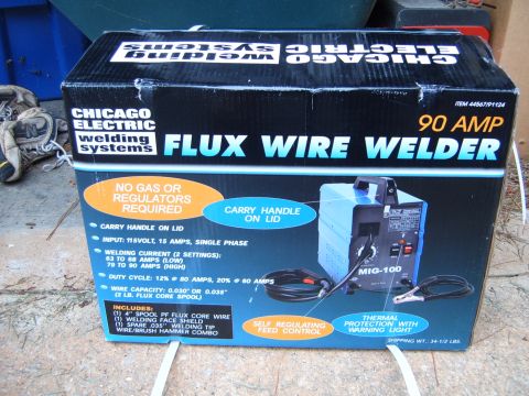 1988 Ford Bronco - The box for a Chicago Electric MIG-100 flux wire welder is shown, detailing its features and specifications.