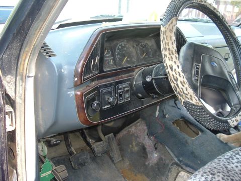 1989 Ford Bronco - The dashboard of an older vehicle shows wear and tear, with a leopard-print steering wheel cover.