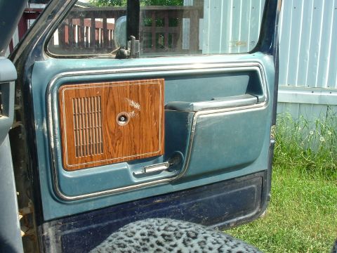 1989 Ford Bronco - Interior view of a car door panel with a wood grain accent and speaker grille.