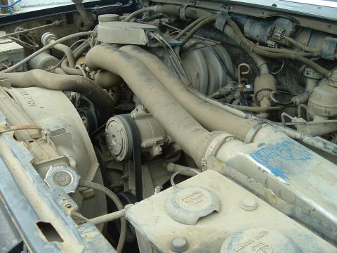 1989 Ford Bronco - Close-up view of a dusty engine compartment, showing various hoses, belts, and mechanical components.