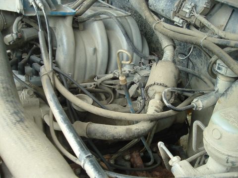 1989 Ford Bronco - A dusty engine bay with various components and hoses visible.