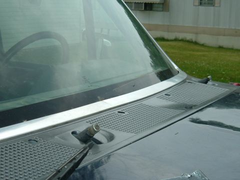 1989 Ford Bronco - The view from the front of the vehicle shows the windshield wiper assembly and the textured cowl panel.