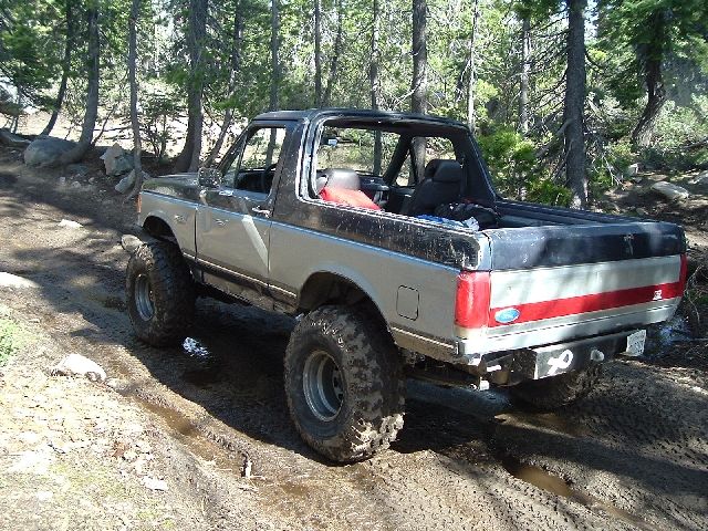 Rear 3/4 view of lifted gray/black Ford Bronco on muddy forest trail