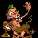 1988 Ford Bronco - A bizarre cartoon character with a monkey riding on its back is depicted against a black background.