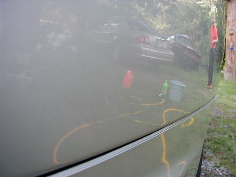 1997 Ford Taurus - The reflection shows a 1997 Ford Taurus undergoing a wash, with cleaning supplies nearby and another vehicle in the background.