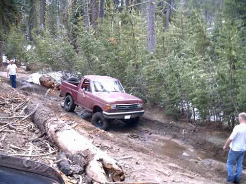 1989 Ford Bronco - Pickup truck struggles on a muddy, off-road trail in a forest.