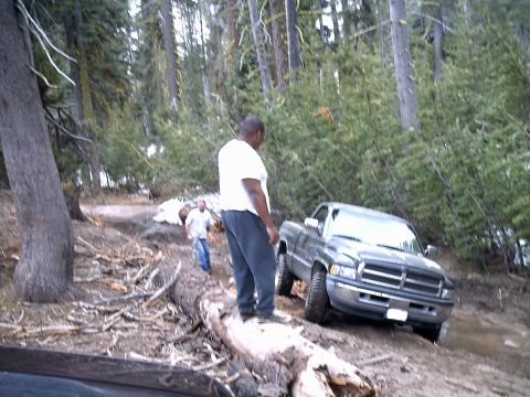 1989 Ford Bronco - A man stands on a fallen tree next to a Dodge Ram pickup truck on a muddy, wooded trail.
