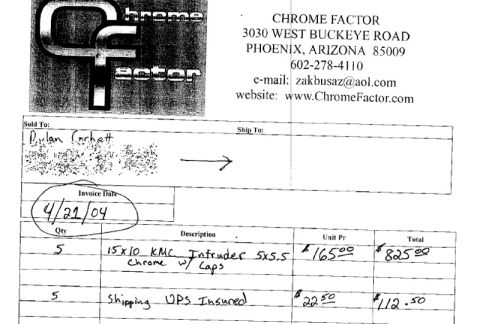 1986 Ford Bronco - Invoice from Chrome Factor for KMC Intruder wheels and UPS insured shipping, dated April 21, 2004.