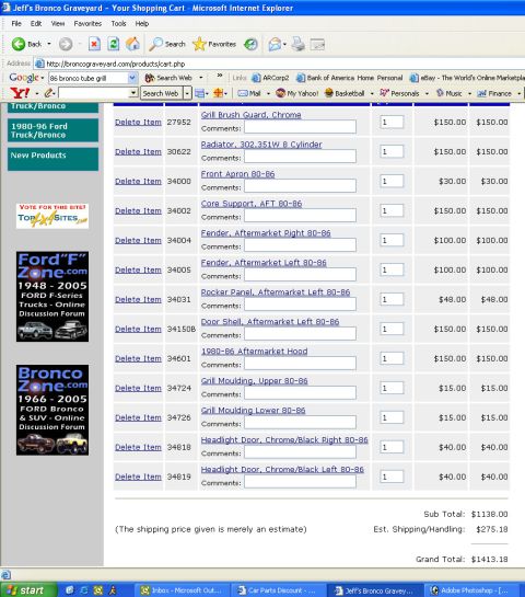 1986 Ford Bronco - Online shopping cart displays a list of 1980-86 Ford Bronco parts with prices and quantities.