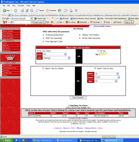 1986 Ford Bronco - A screenshot of the Tire Kingdom website displays options for searching tires by location or size, with a search result for a BFG All Terra…