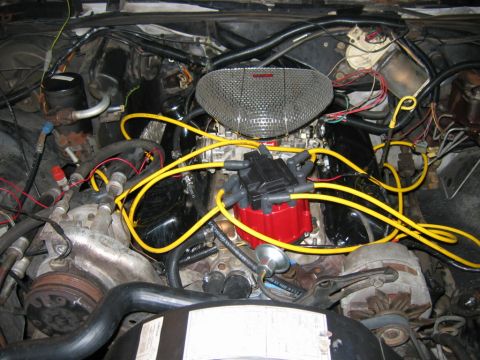 1985 Ford Crown Victoria LTD - Close-up view of a V8 engine, showing the distributor, spark plug wires, and air filter housing.