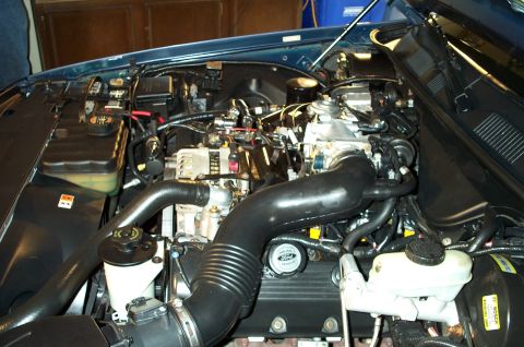 1998 Ford Crown Victoria - Engine bay of a 1998 Ford Crown Victoria, an ADTR ported upper plenum and other engine components.