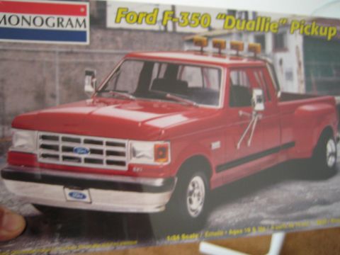 1990 Ford Bronco - Box art for a Monogram Ford F-350 Dually pickup plastic model kit showing a red dual-rear-wheel truck.
