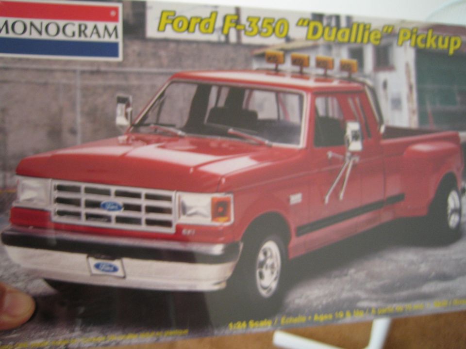 Monogram Ford F-350 Dually pickup model kit box art, red truck