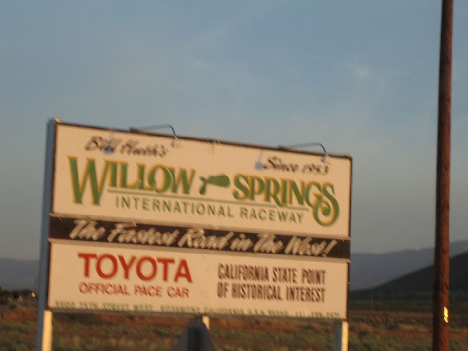 Willow Springs International Raceway sign with Toyota official pace car text