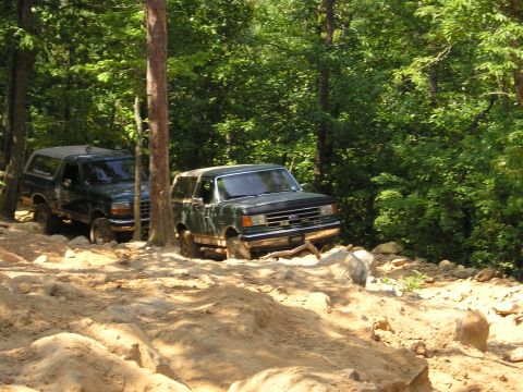 1996 Ford Bronco - Two Ford Broncos tackle a challenging off-road trail surrounded by dense forest and sandy terrain.