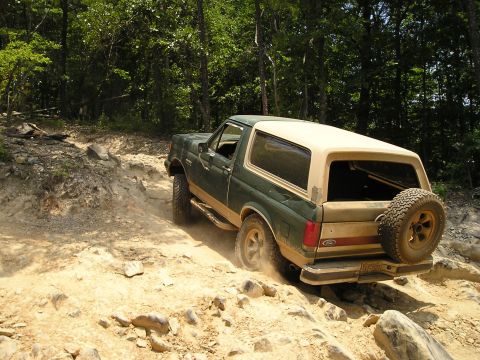 1996 Ford Bronco - A Ford Bronco navigates a challenging off-road path with trees in the background.