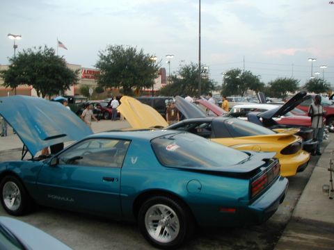 2000 Ford Crown Victoria - Several cars, including a teal Pontiac Firebird, are parked with their hoods up at an outdoor gathering.