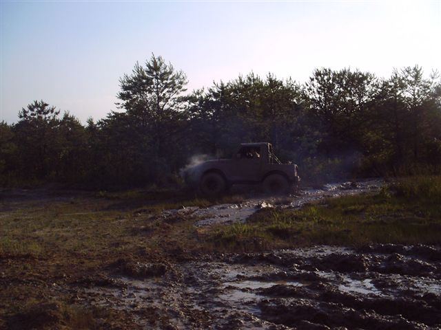 Distant view of a truck parked on a dirt path with trees and brush