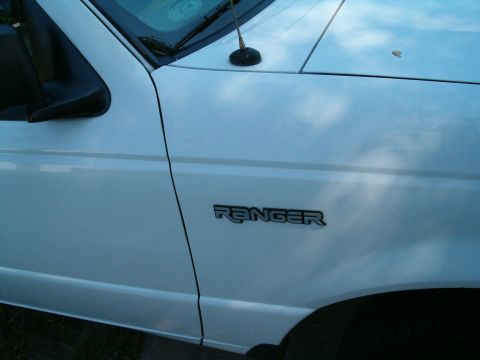 1991 Ford Bronco - A close-up of the side of a white vehicle shows the 'RANGER' emblem on the fender.