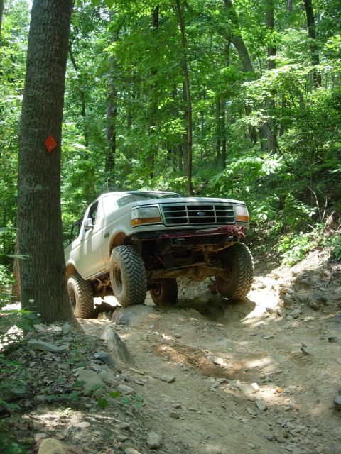 1995 Ford Bronco - Ford Bronco navigating an off-road trail with large tires and lifted suspension.