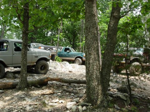1995 Ford Bronco - Multiple Broncos and other off-road vehicles traverse a challenging, rocky path through a dense forest.