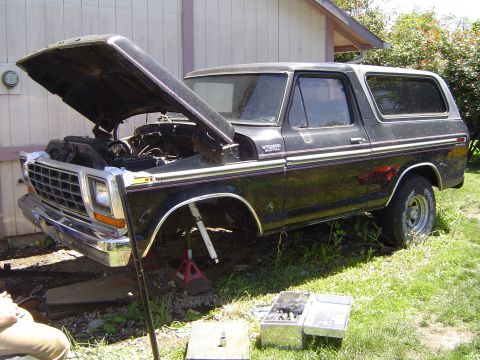 1979 Ford Bronco - Black 1978 Ford Bronco on jack stands with hood open, undergoing maintenance outdoors.