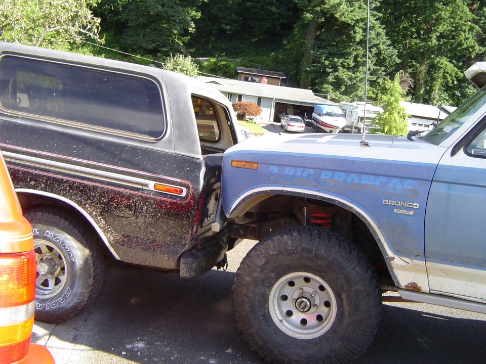Blue 1979 Ford Bronco side view, text "4 BIG DOORS" on fender
