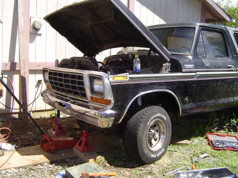 1979 Ford Bronco - A black 1979 Ford Bronco is parked with its hood open, supported by jack stands.