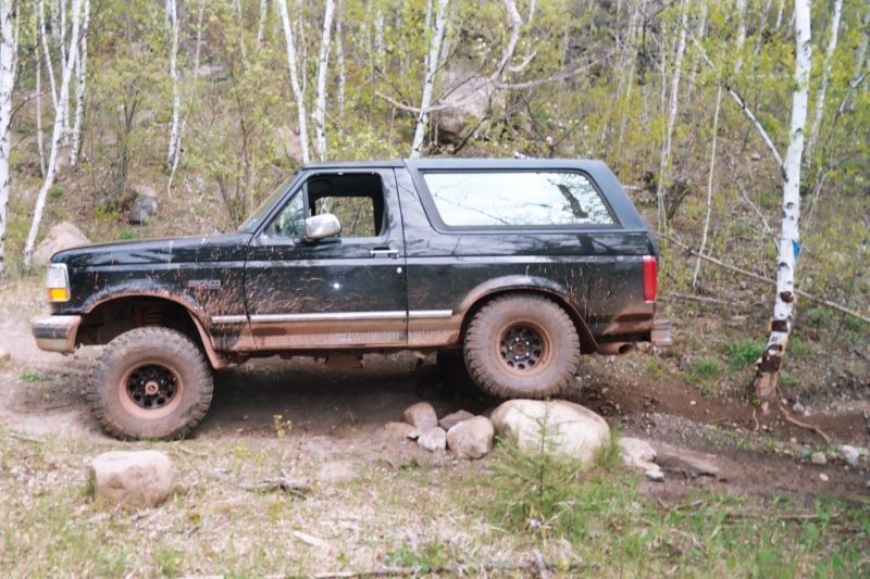 Mud-covered black lifted Bronco in profile on a rocky birch-lined trail